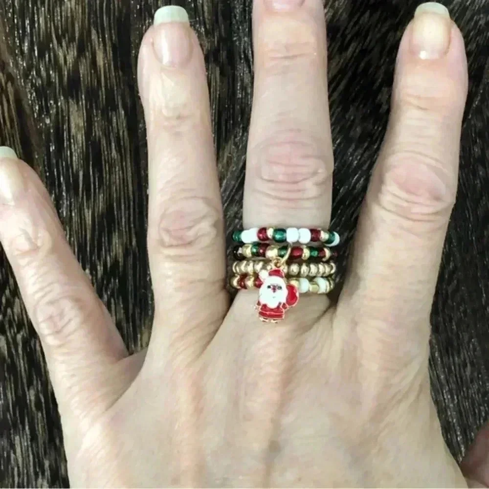 4 Piece Pack Santa Christmas Handmade Stretch Rings-  Red, Gold, White, Green